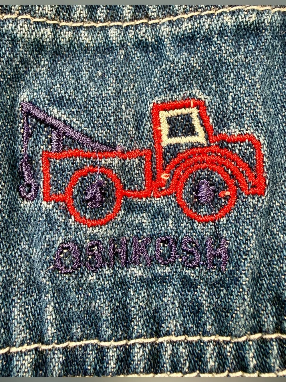 VTG Baby Oshkosh B’Gosh Denim L 6-9M Shortalls Embroidered Little Red Tow Truck